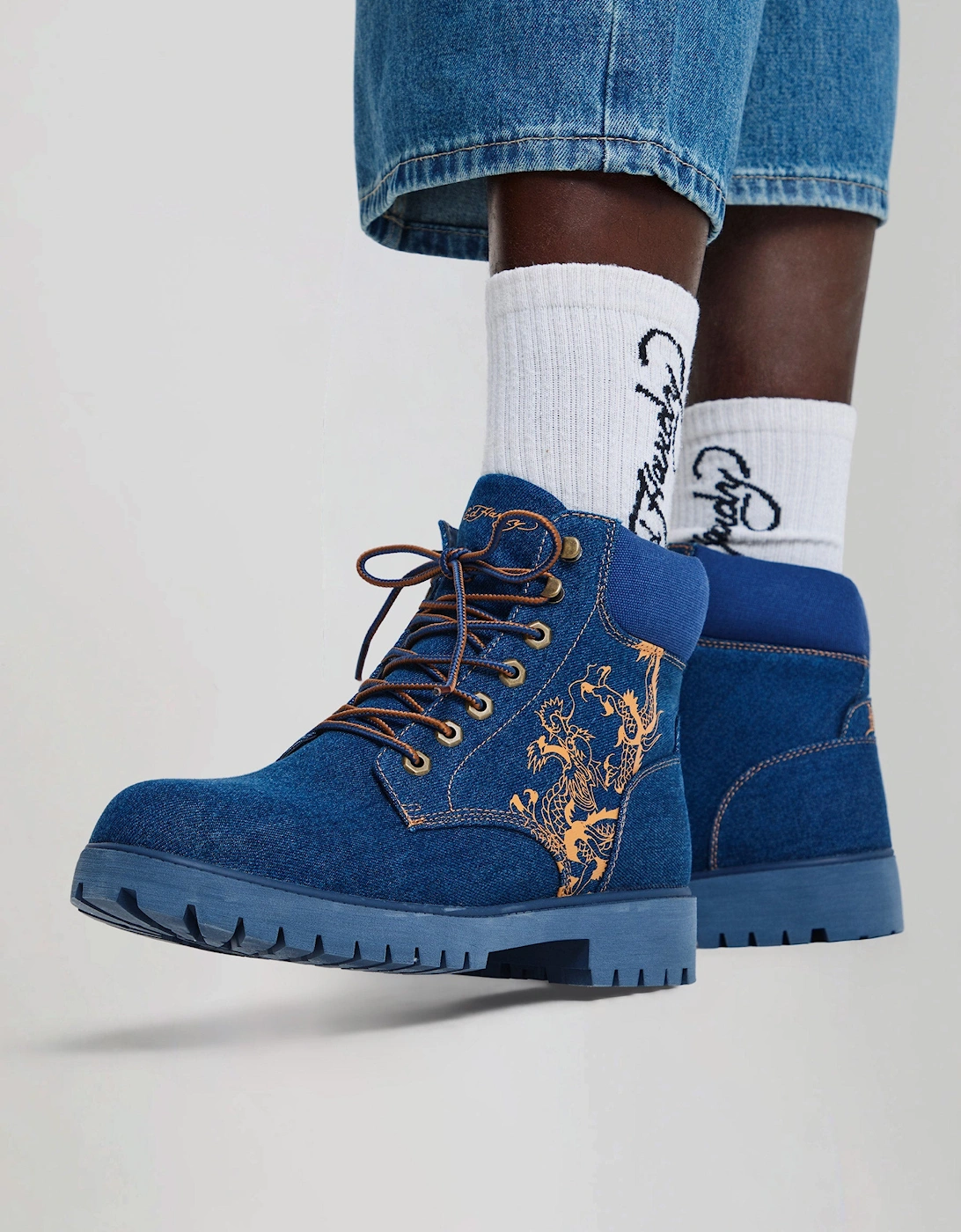Ed Hardy Dancing Dragon Denim Men's Indigo Boots