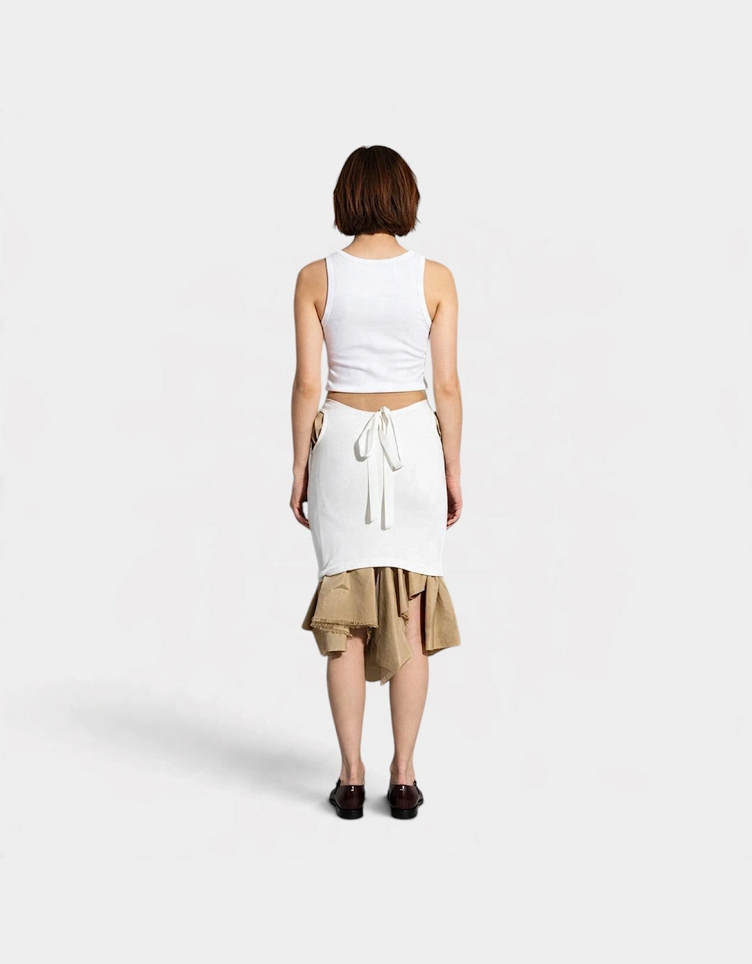 Layered Knee Length Skirt Beige White