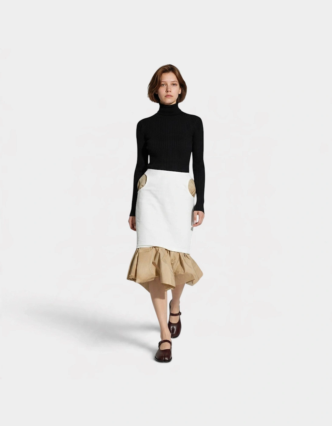 Layered Knee Length Skirt Beige White