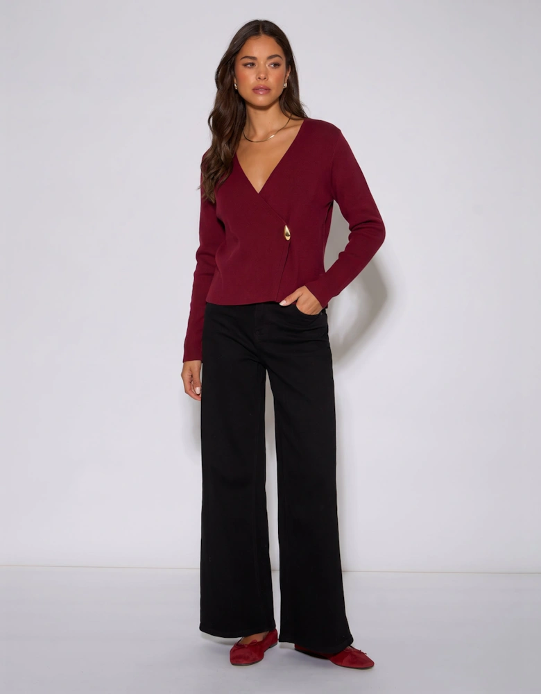 Burgundy Button Wrap Compact Knit Cardigan
