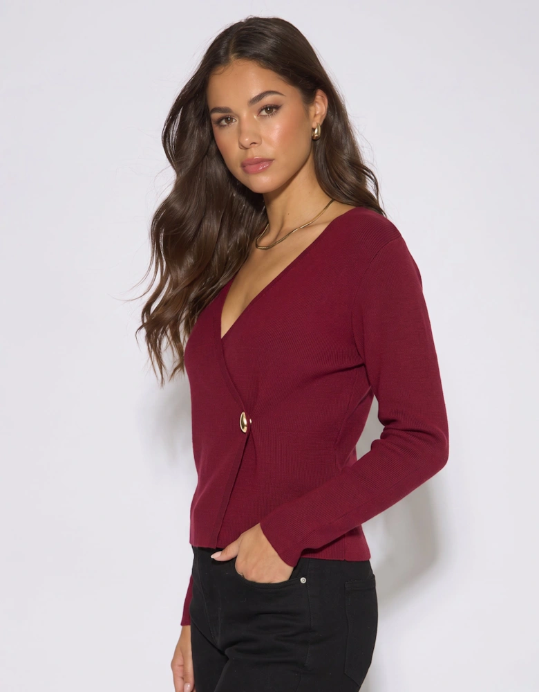 Burgundy Button Wrap Compact Knit Cardigan