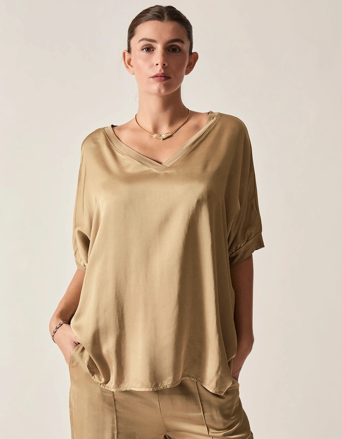 Camel V-Neck Relaxed Fit Top