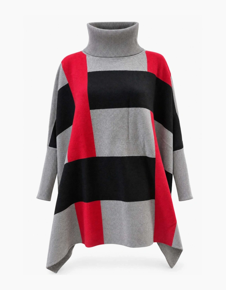 Red & Grey Colour Block Roll-Neck Poncho