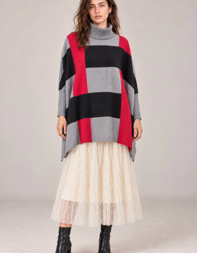 Red & Grey Colour Block Roll-Neck Poncho