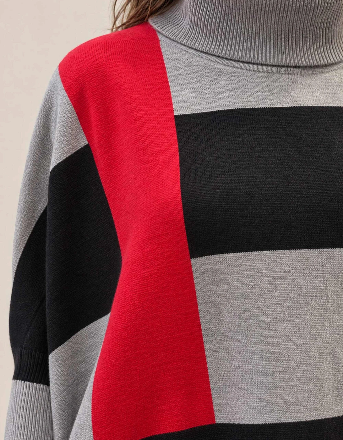 Red & Grey Colour Block Roll-Neck Poncho
