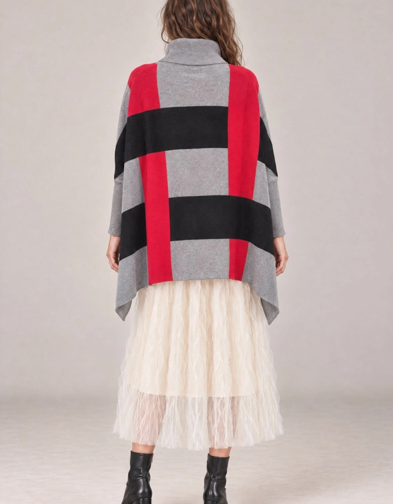 Red & Grey Colour Block Roll-Neck Poncho