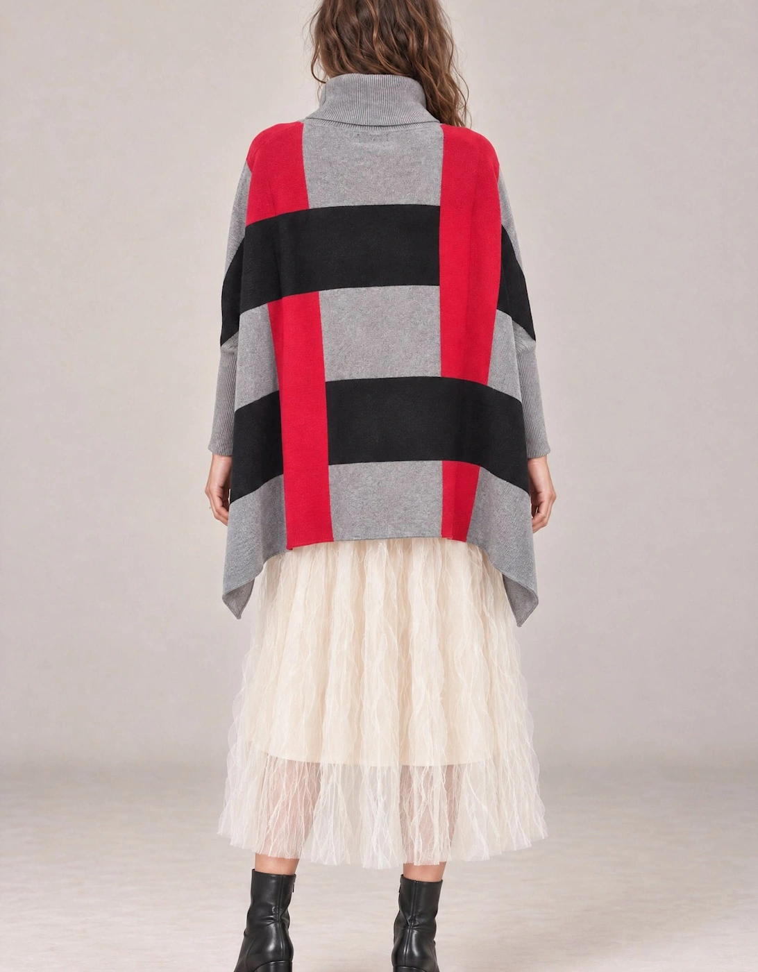 Red & Grey Colour Block Roll-Neck Poncho