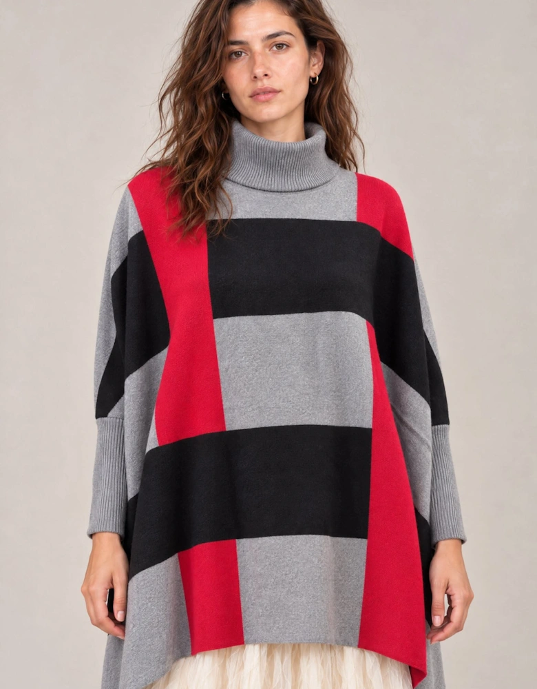 Red & Grey Colour Block Roll-Neck Poncho