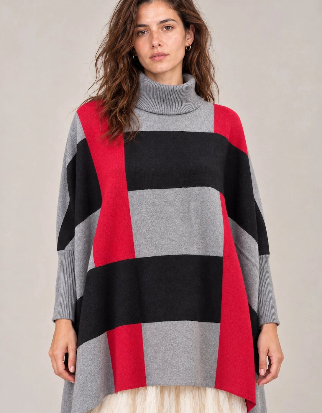 Red & Grey Colour Block Roll-Neck Poncho