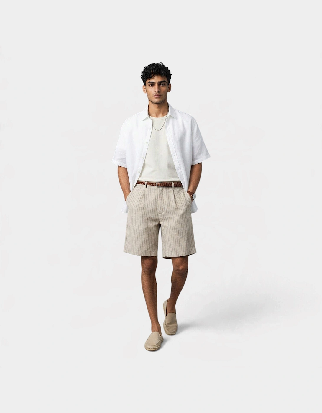 Double Pleated Linen Short Sand Stripe