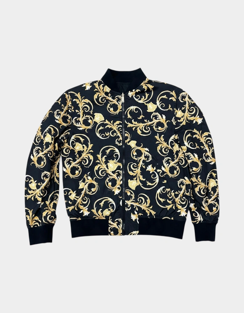 Reversible Baroque Print Bomber Jacket Black Gold
