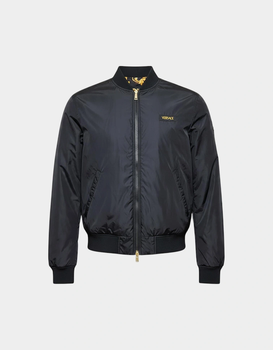 Reversible Baroque Print Bomber Jacket Black Gold