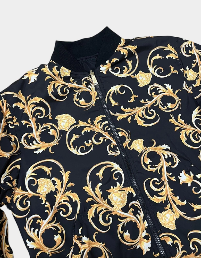 Reversible Baroque Print Bomber Jacket Black Gold