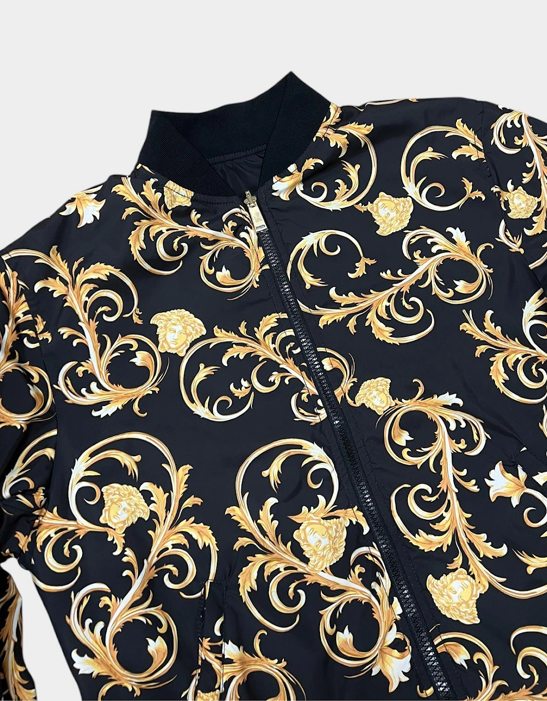 Reversible Baroque Print Bomber Jacket Black Gold