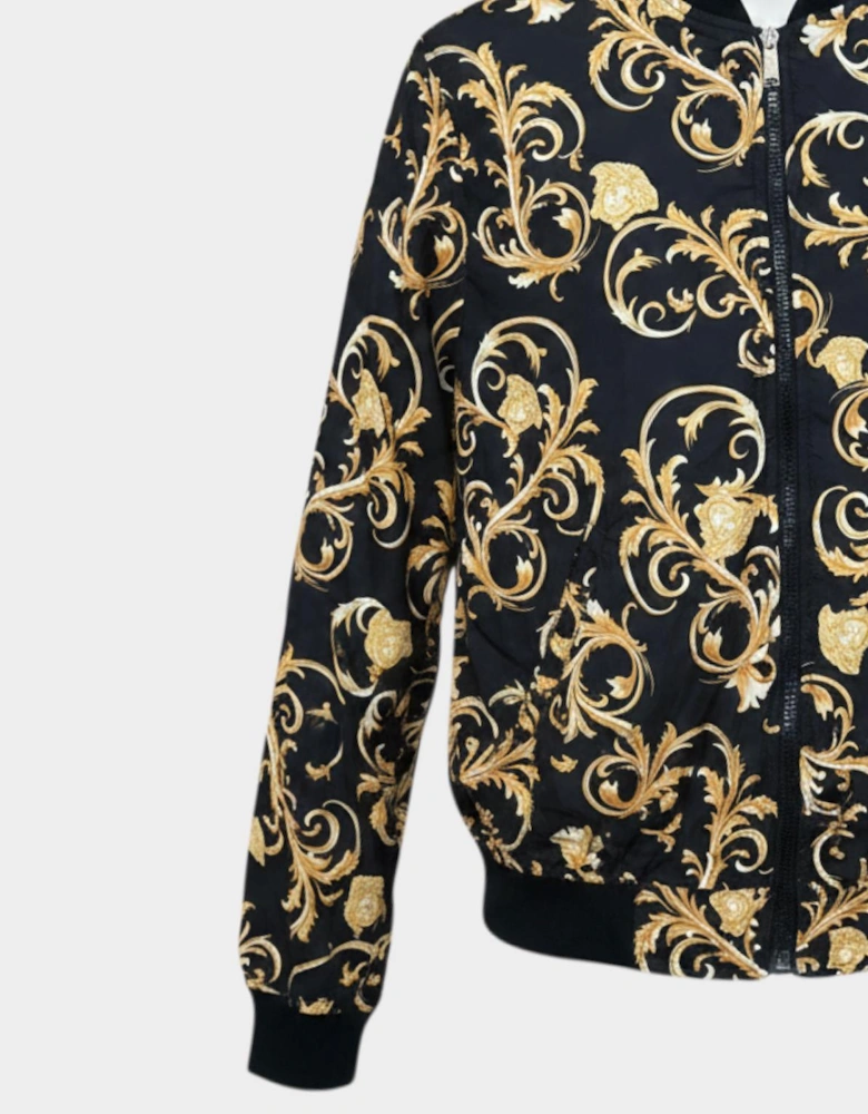 Reversible Baroque Print Bomber Jacket Black Gold