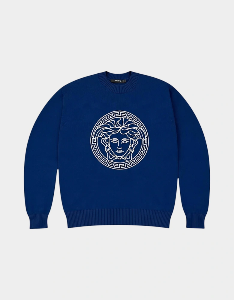 Medusa Head Embroidered Knit Sweater Blue