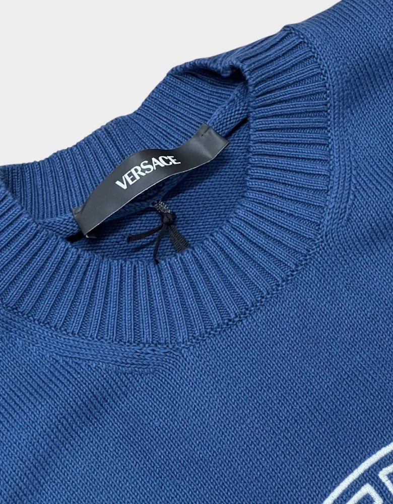 Medusa Head Embroidered Knit Sweater Blue