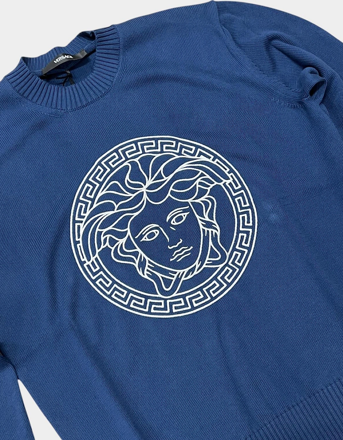 Medusa Head Embroidered Knit Sweater Blue