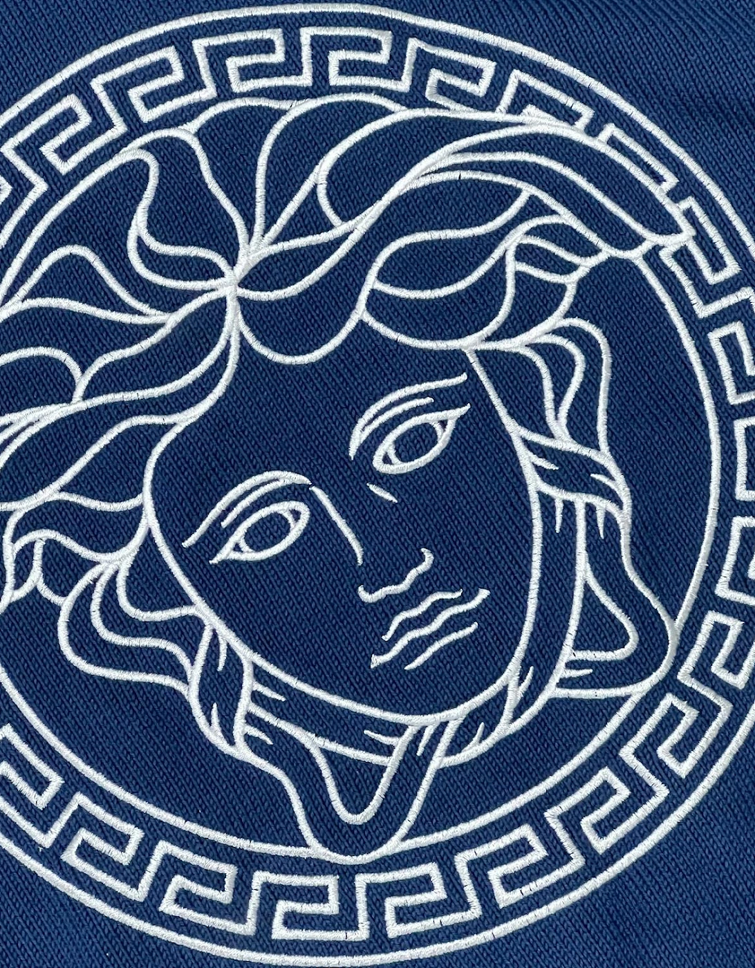 Medusa Head Embroidered Knit Sweater Blue
