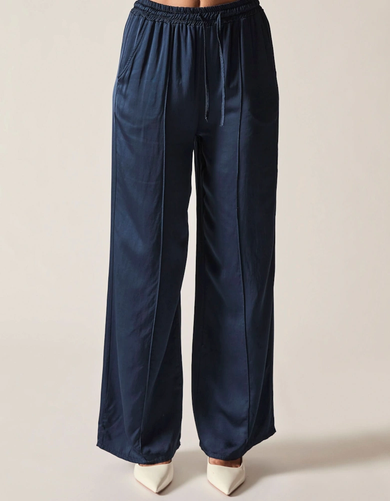 Navy Wide-Leg Drawstring Trousers