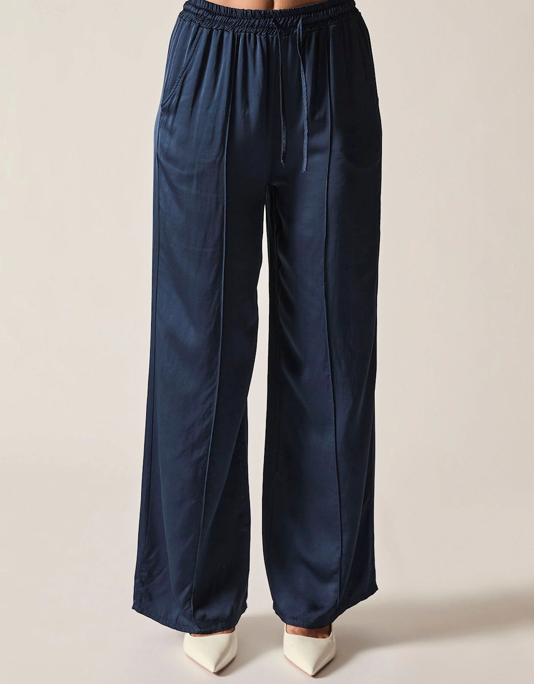 Navy Wide-Leg Drawstring Trousers
