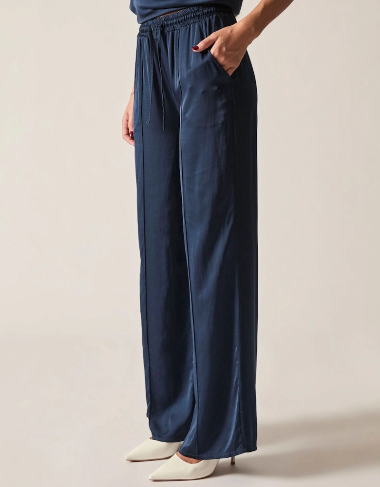 Navy Wide-Leg Drawstring Trousers