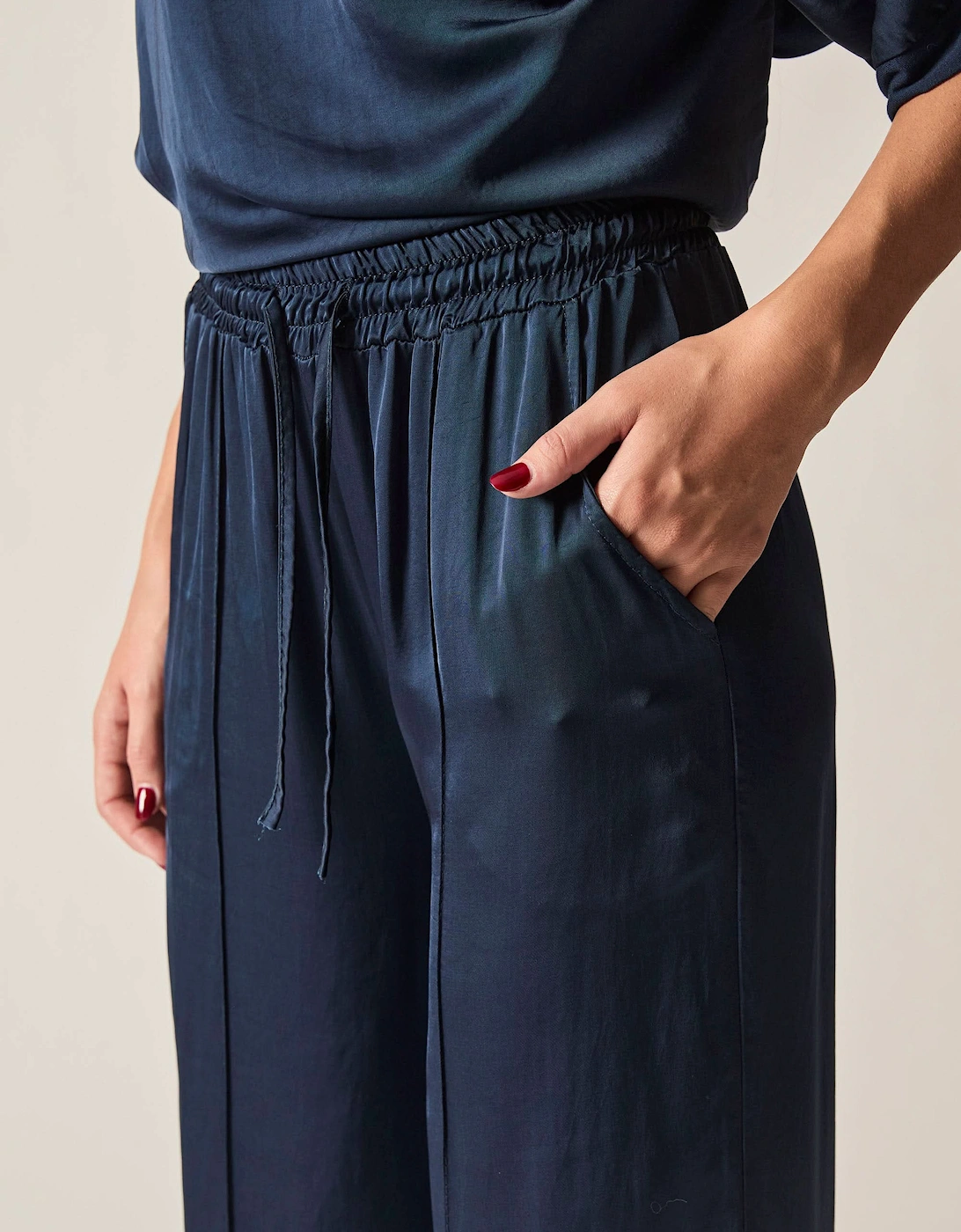 Navy Wide-Leg Drawstring Trousers