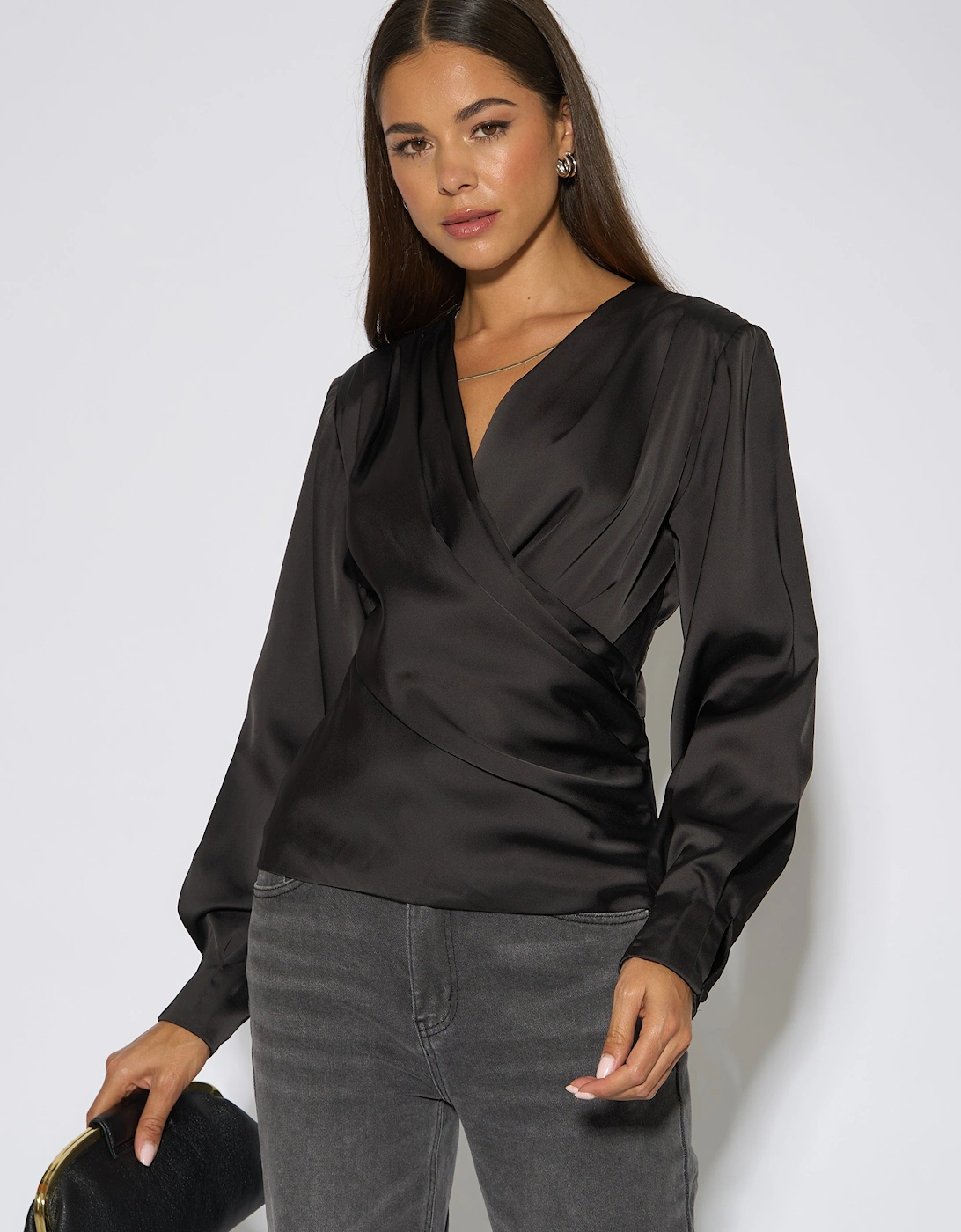 Black Satin Pleat Shoulder Wrap Top