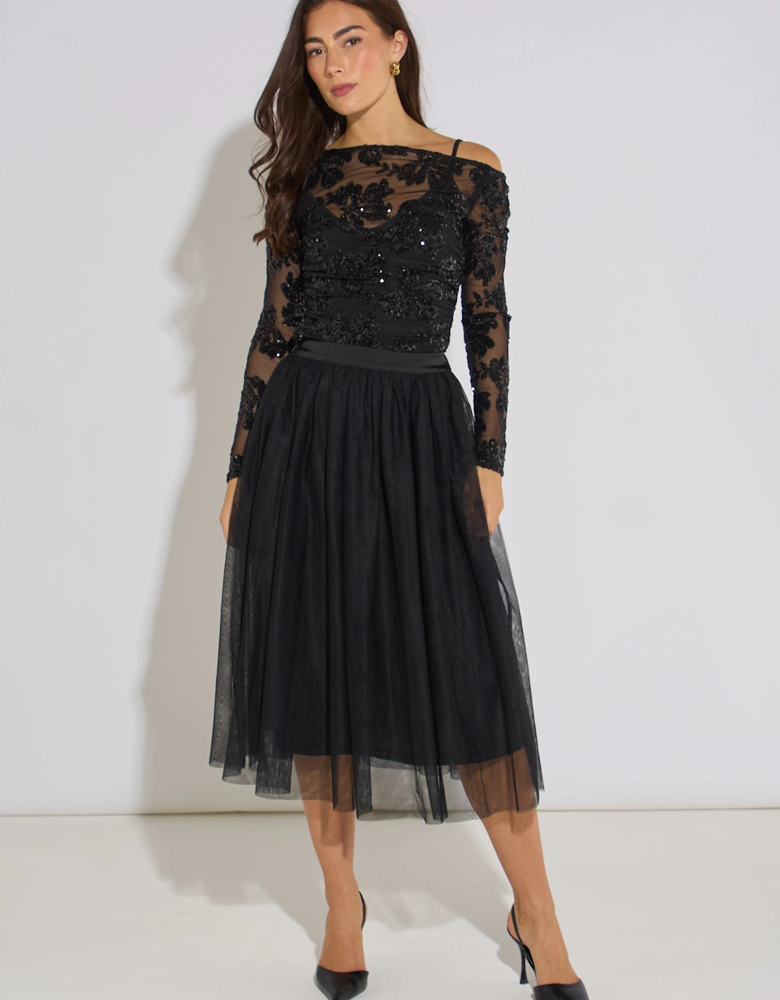 Black Tulle Skater Midi Skirt