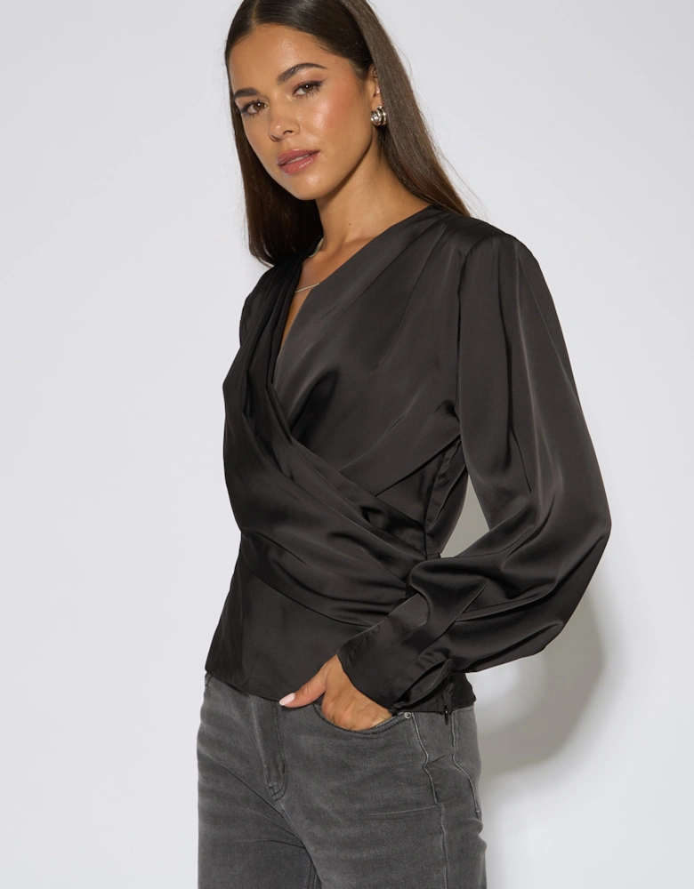 Black Satin Pleat Shoulder Wrap Top