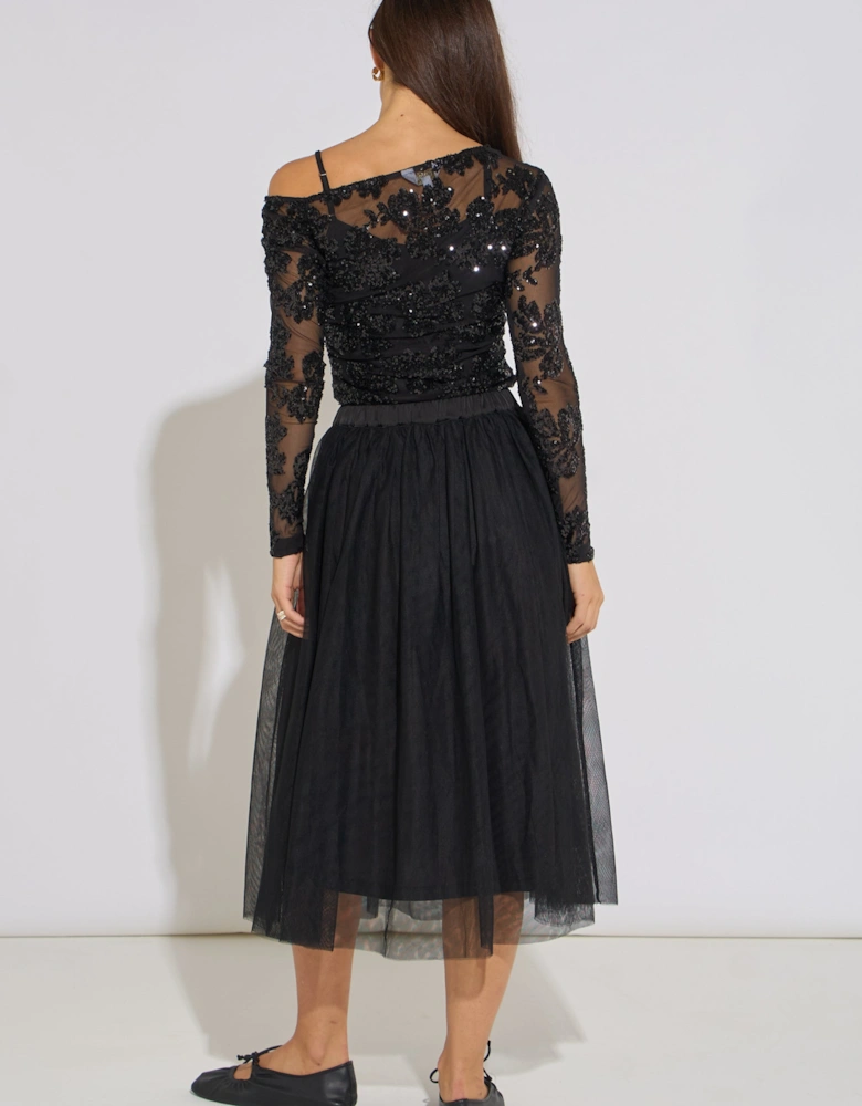 Black Tulle Skater Midi Skirt