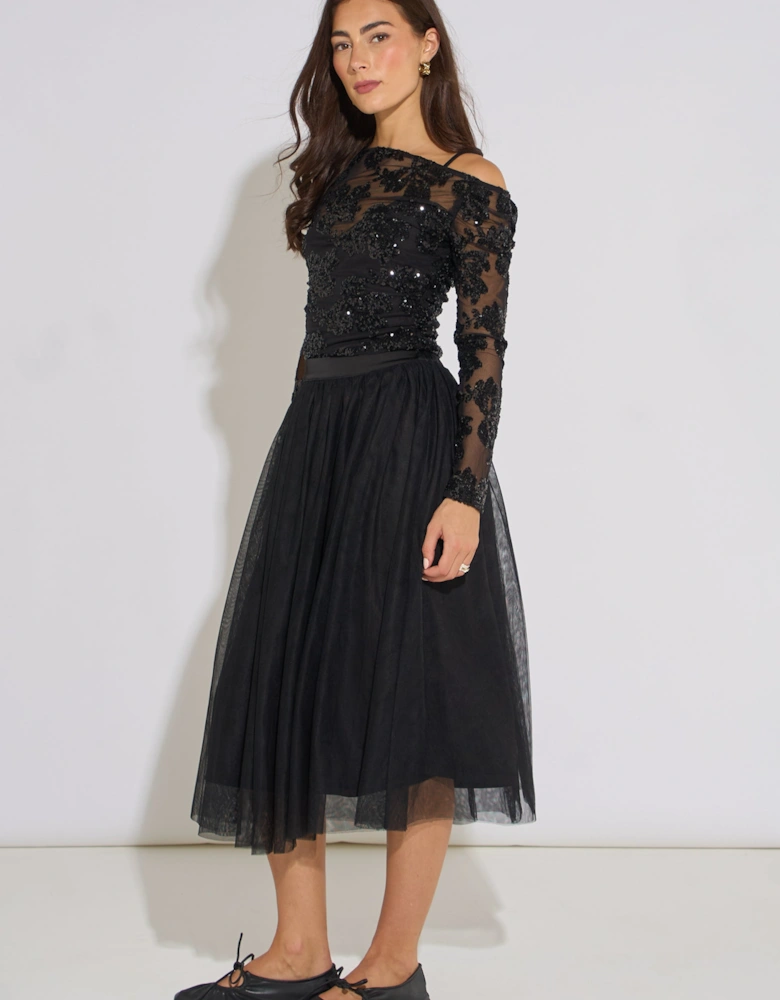Black Tulle Skater Midi Skirt