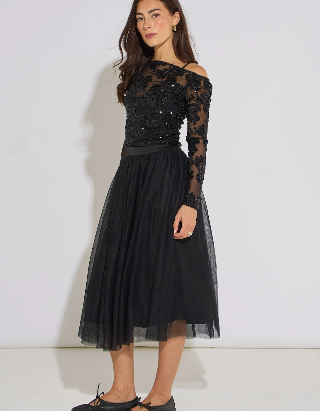 Black Tulle Skater Midi Skirt