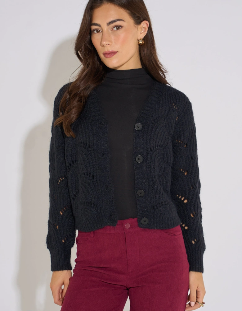 Black Pointelle Long Sleeves Cardigan