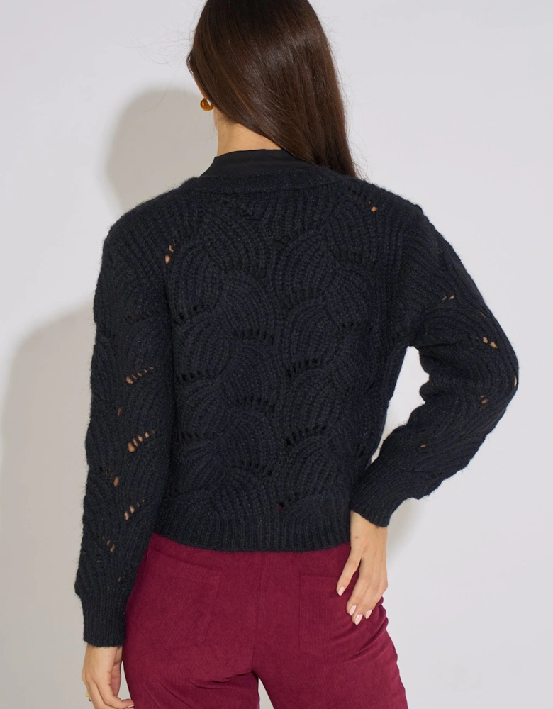 Black Pointelle Long Sleeves Cardigan