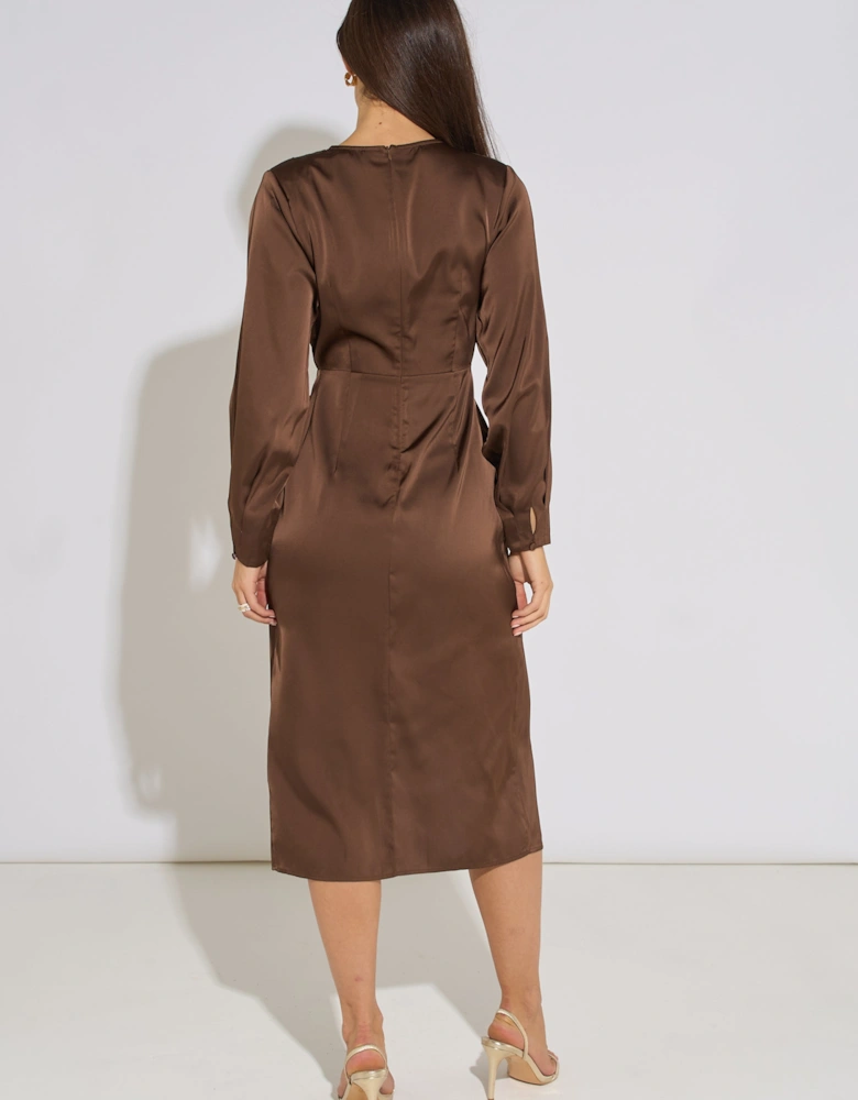 Brown Wrap Front Satin Midi Dress