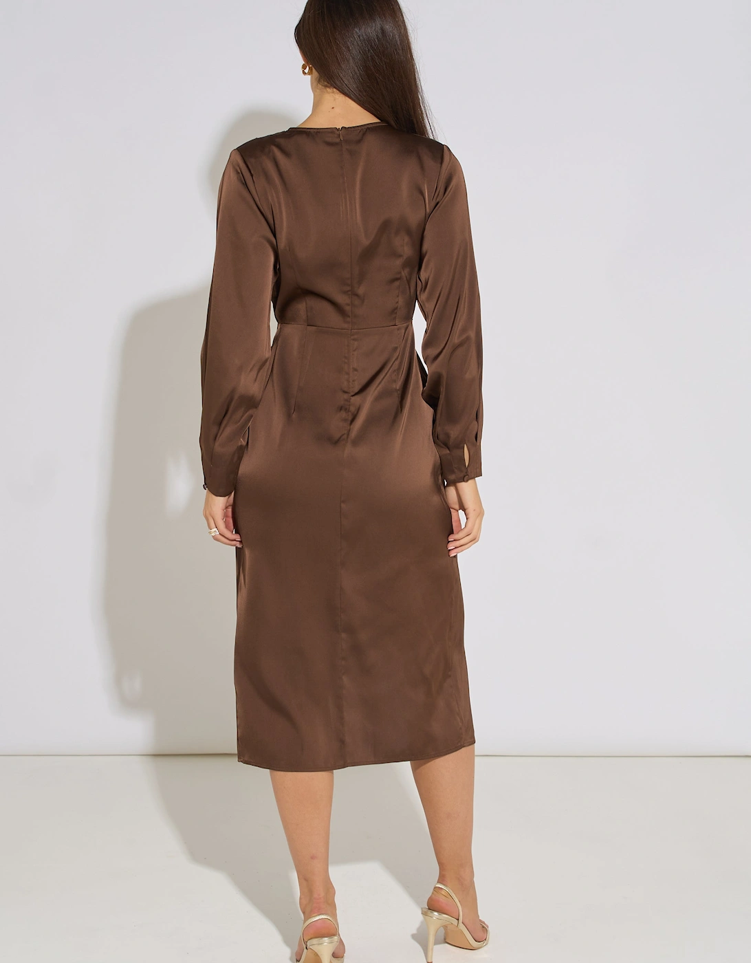 Brown Wrap Front Satin Midi Dress