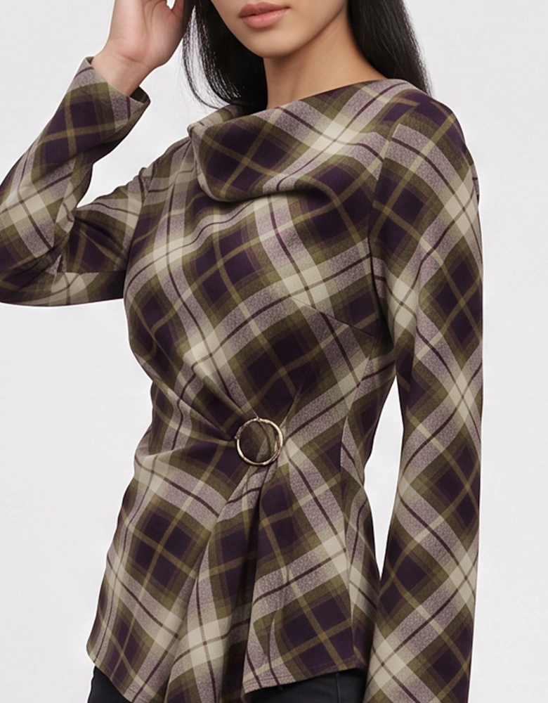 Khaki Check Cowl High Neck Ruched Side Blouse