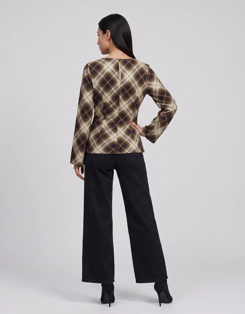 Khaki Check Cowl High Neck Ruched Side Blouse