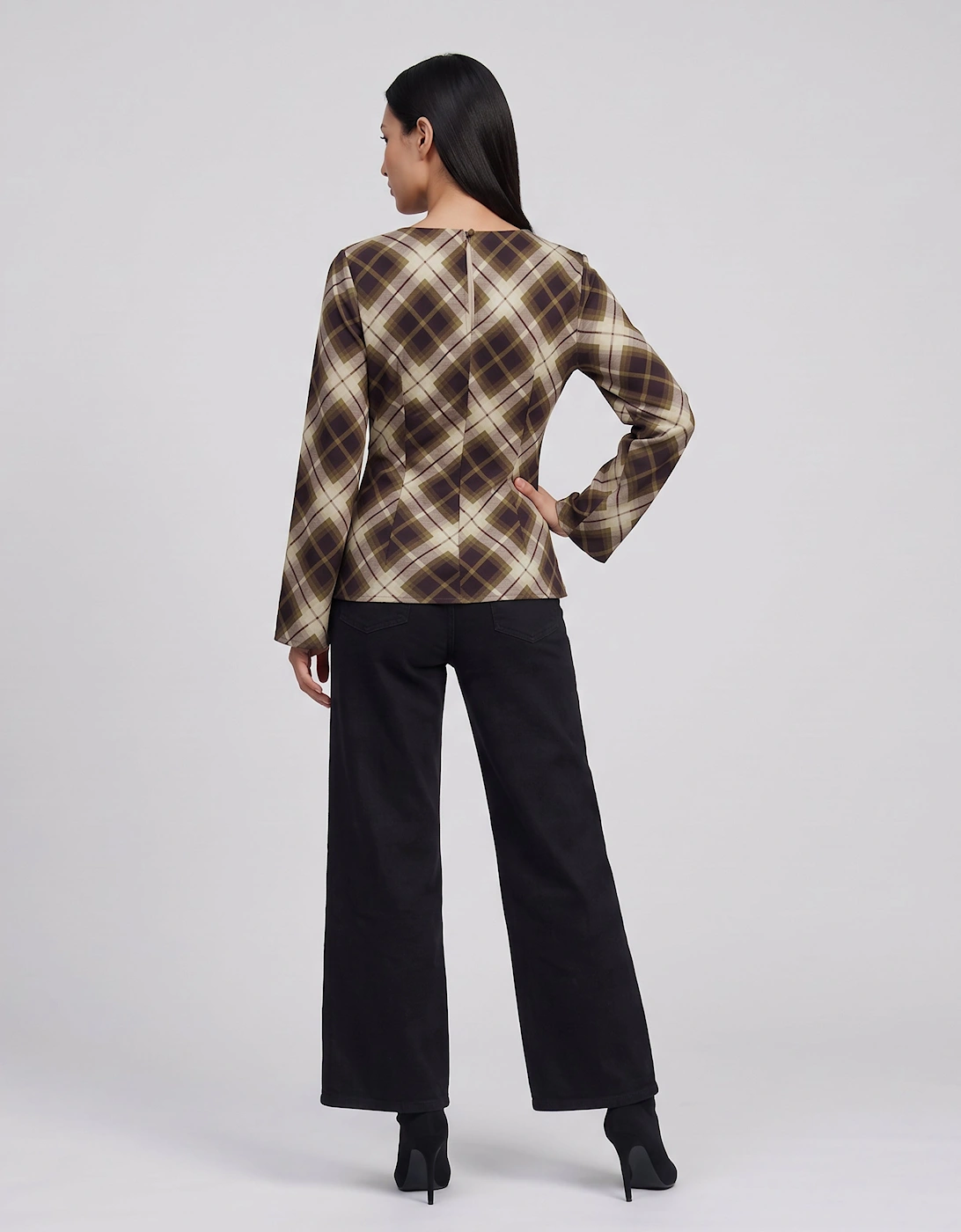 Khaki Check Cowl High Neck Ruched Side Blouse