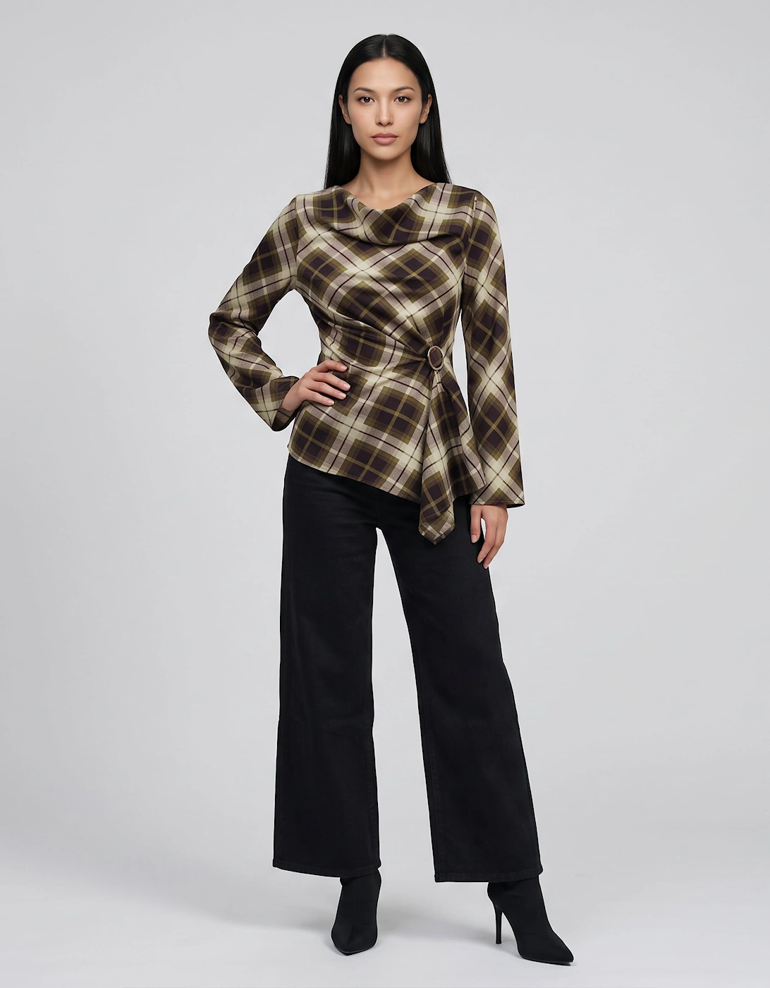 Khaki Check Cowl High Neck Ruched Side Blouse