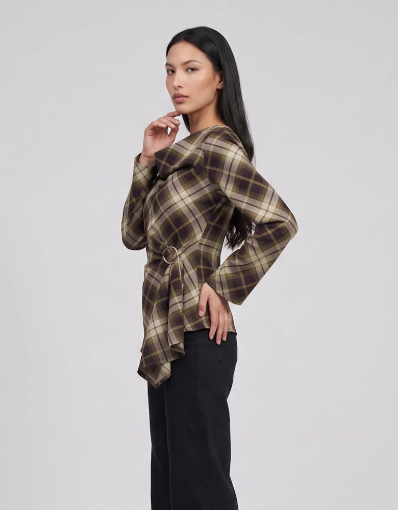 Khaki Check Cowl High Neck Ruched Side Blouse