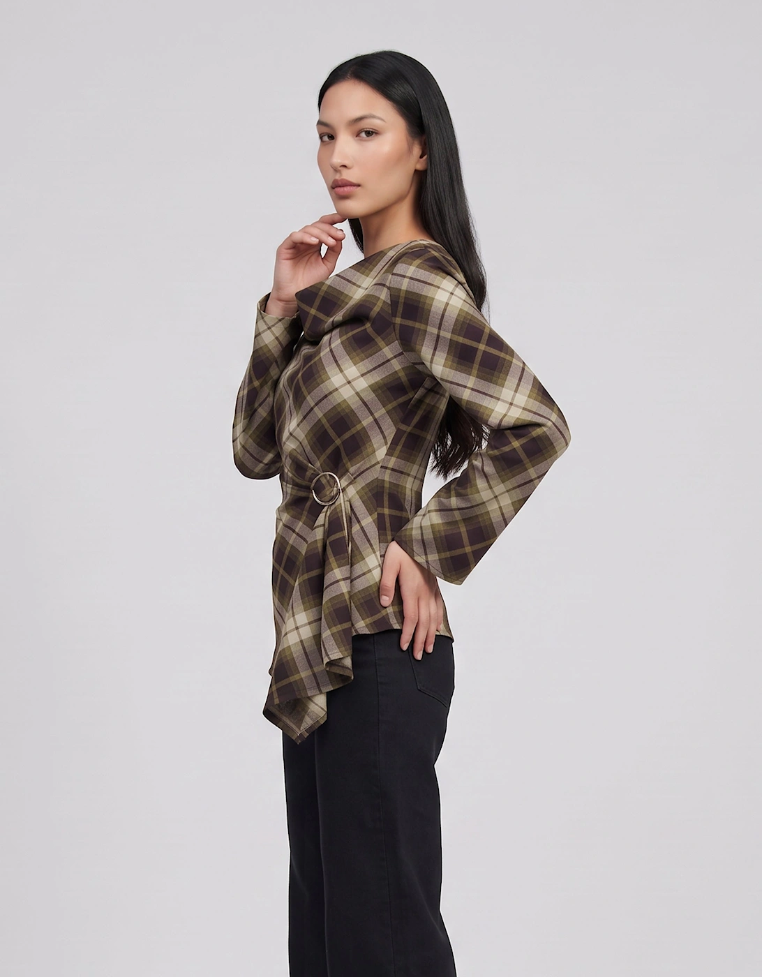 Khaki Check Cowl High Neck Ruched Side Blouse