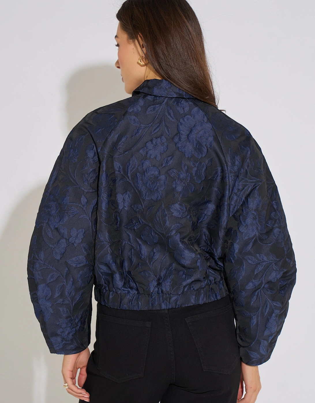 Navy Floral Jacquard Bomber Jacket
