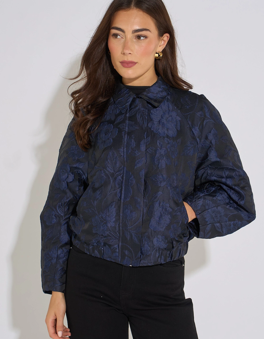 Navy Floral Jacquard Bomber Jacket