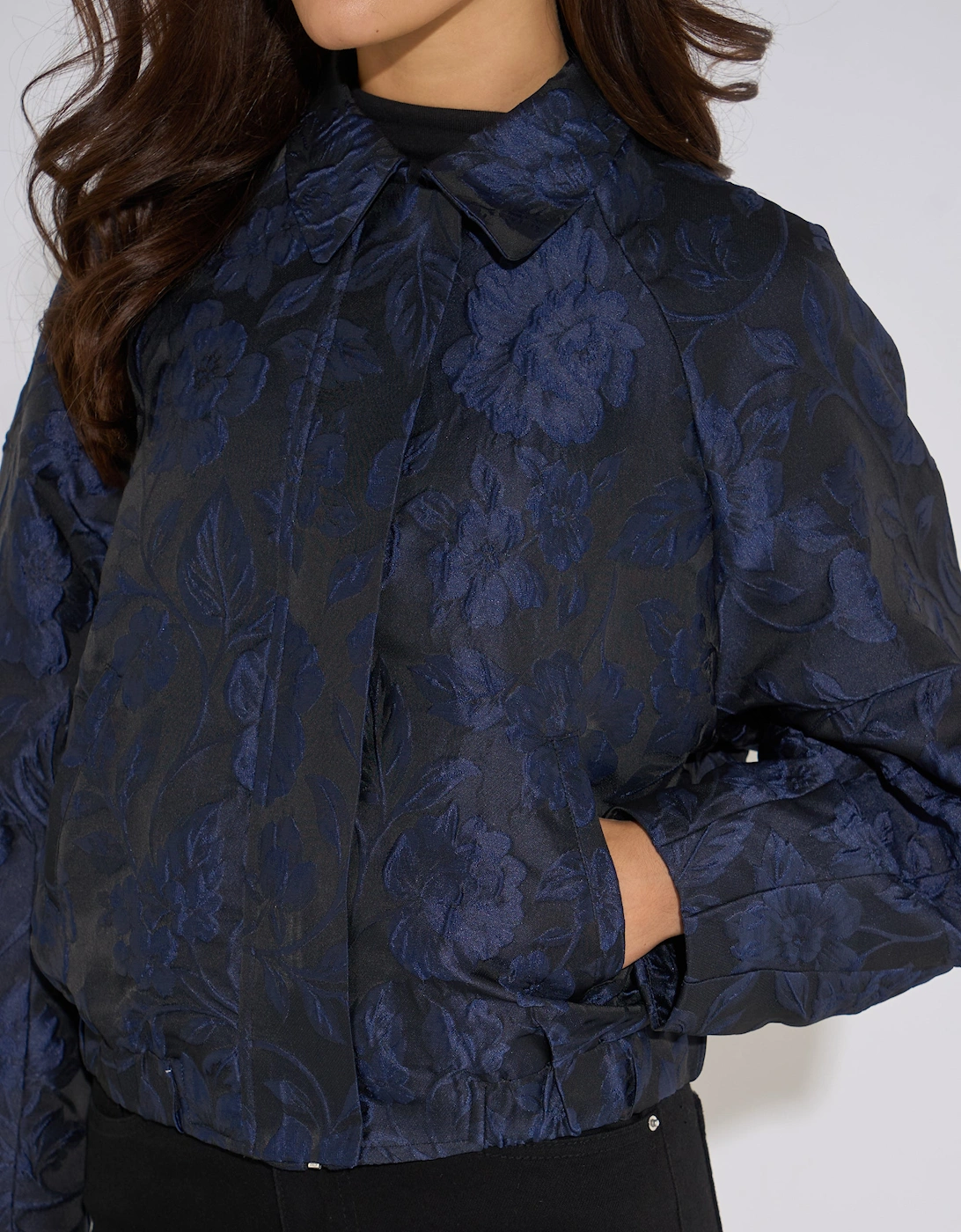 Navy Floral Jacquard Bomber Jacket