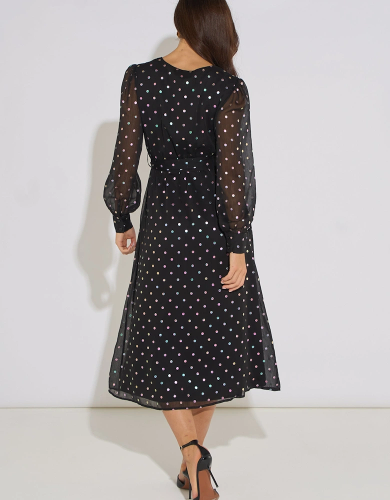 Black Spot Foil Midi Wrap Dress