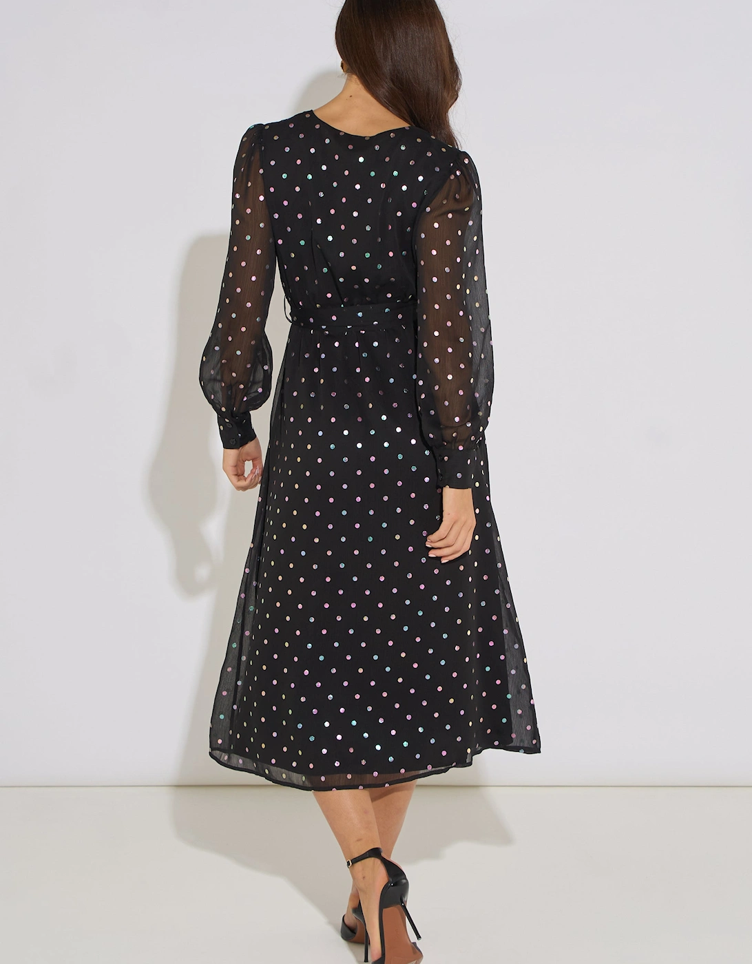 Black Spot Foil Midi Wrap Dress