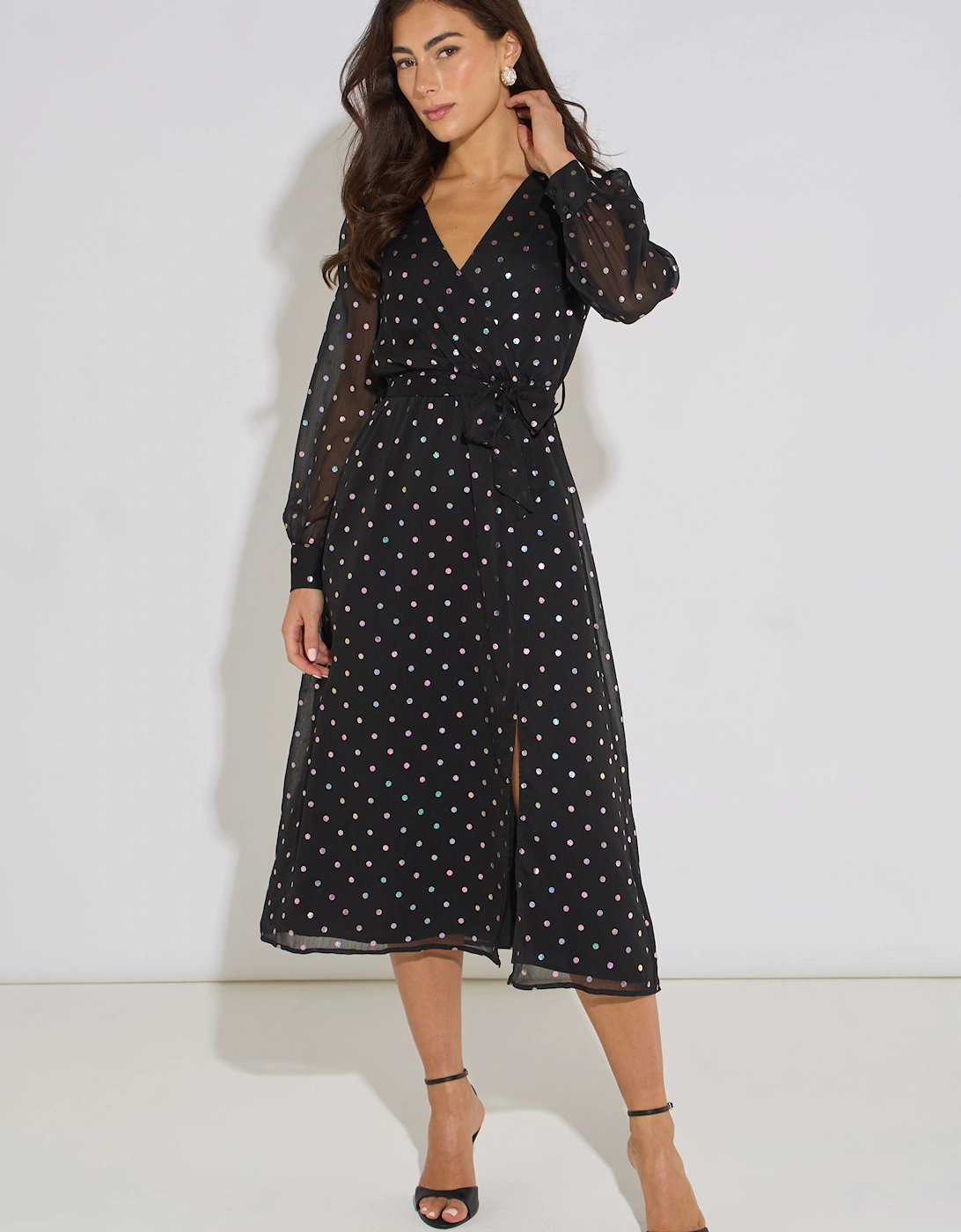 Black Spot Foil Midi Wrap Dress