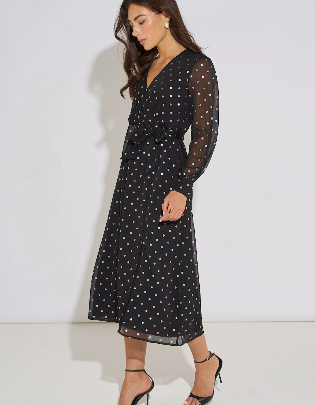 Black Spot Foil Midi Wrap Dress